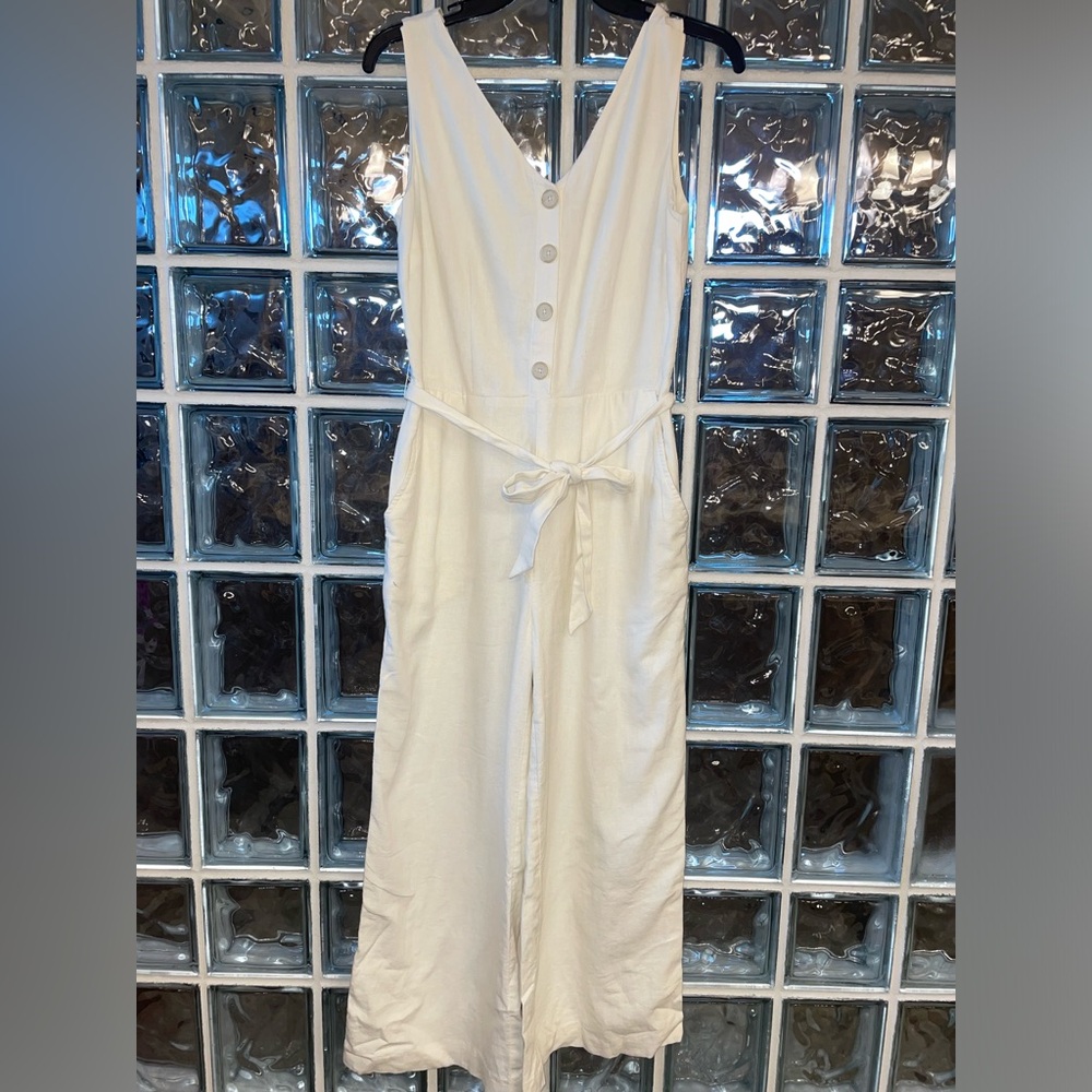 LOFT Ivory Linen-blend Wide Leg Jumpsuit